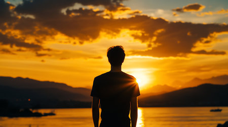 A dark silhouette of a person stands facing a bright, golden sunset reflecting on the water, wearing a t-shirt, with short hair.の素材