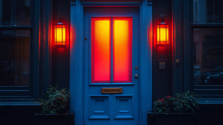 A blue door with textured glass panels emitting a warm red and yellow glow, flanked by symmetrical red lanterns, creating a striking contrast.の素材