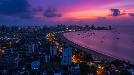 A sprawling cityscape featuring illuminated buildings, a sandy beachfront, and numerous boats dotting the water under a colorful twilight sky.の素材