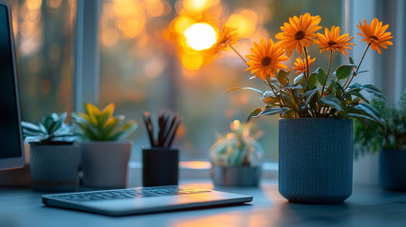 A cluster of orange daisies with dark centers and green leaves, potted in a textured blue cylindrical pot, sitting on a desk.の素材
