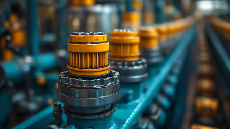 A yellow, ribbed industrial component with a metallic, toothed gear assembly, showing signs of wear and use on its textured surface.の素材