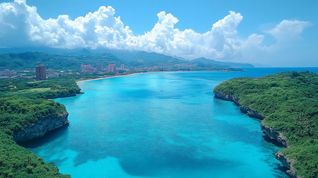 Expansive aerial view showcasing a vibrant turquoise ocean, rugged cliffs covered in dense tropical greenery, a sandy shoreline, and a distant city with mountains.の素材