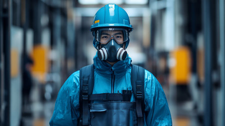 A person wearing a blue protective suit, hard hat, and respirator mask, facing the camera. The person is in an industrial setting.の素材