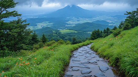 A winding stone path leads through vibrant green grass and wildflowers, with a majestic mountain peak in the distance under a cloudy sky.の素材