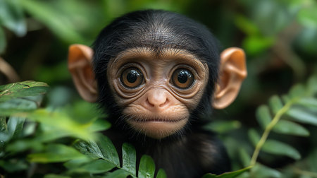 Close-up portrait of a very young monkey with large, round, dark brown eyes and delicate facial features, surrounded by lush green foliage.の素材