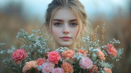 A young woman with blonde hair and blue eyes, holding a bouquet of pink and orange roses.の素材