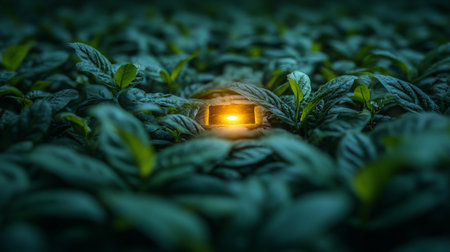 A tiny, illuminated structure with a warm, golden light emanating from within, surrounded by dense, dark green leaves.の素材