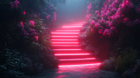 A surreal, glowing neon pink staircase winds upwards through a dark, misty jungle, adorned with vibrant pink flowers and dense green foliage.の素材