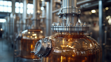 Large, reflective copper-toned industrial vessel with prominent stainless steel bolted flanges and a clear sight glass. Polished surfaces show warm amber reflections.の素材