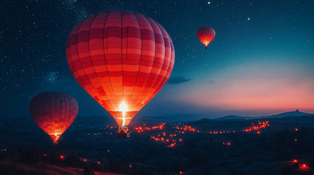 A large, vibrant red hot air balloon with a glowing interior, showcasing its textured fabric panels and a wicker basket below.の素材