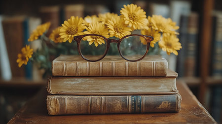 Three aged, hardcover books stacked, with brown eyeglasses on top, and yellow flowers behind them. The books show signs of wear and aging.の素材