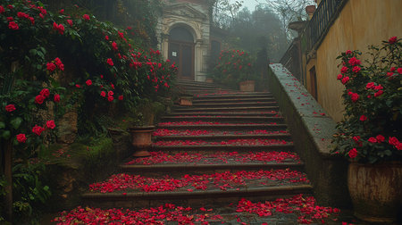 A stone staircase is carpeted with vibrant red rose petals, with lush green bushes and blooming red roses flanking the sides.の素材