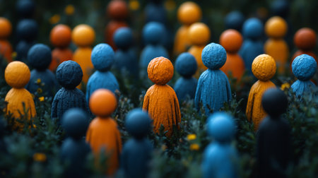 A collection of stylized, textured figures in orange and blue, standing amidst lush green foliage, creating a visually striking abstract composition.の素材