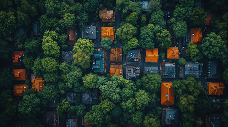 Top-down shot of houses with orange roofs nestled among dense green trees, creating a vibrant urban forest landscape.の素材