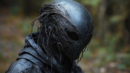 Dark, textured humanoid figure with a smooth, black, alien-like mask and tangled, root-like tendrils. Distressed dark clothing covers the shoulders, creating an eerie, mysterious appearance.の素材