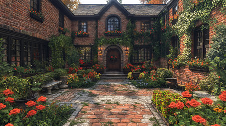 A picturesque brick house facade adorned with vibrant red roses, abundant green foliage, and climbing ivy, creating a welcoming, storybook ambiance.の素材