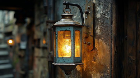 An old-fashioned teal metal lantern with textured amber glass panels emits a warm, inviting glow, mounted on a weathered, rustic wall.の素材