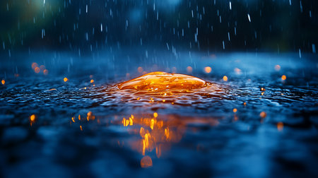 A single, amber-colored water droplet sits atop a rippled surface, reflecting light. The droplet appears to glow.の素材