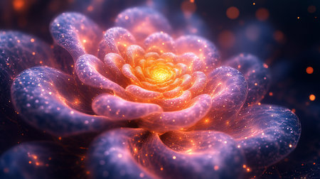 A close-up, detailed view of a fractal flower with intricate, glowing petals in shades of orange and purple, adorned with sparkling light particles.の素材