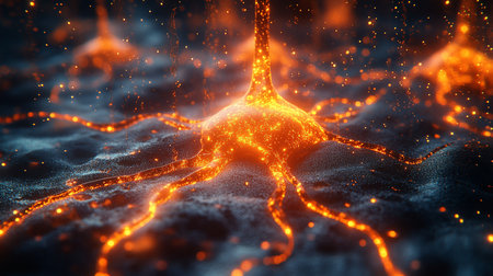 A detailed view of a neuron cell with glowing orange axons and dendrites, set against a textured surface with scattered light particles.の素材