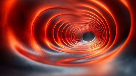 A visually striking abstract tunnel with concentric, glowing rings in fiery red and orange hues, creating a sense of depth and movement.の素材