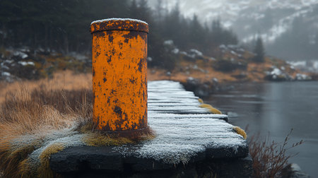 A weathered, bright orange cylindrical pipe with visible rust textures stands on a snow-dusted wooden pier next to a calm body of water.の素材