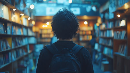 A person viewed from the back, wearing a black shirt and backpack, with dark, messy hair. The person is facing forward.の素材