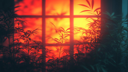 Dark silhouettes of plants with delicate leaves are set against a bright, warm-toned window. The plants appear to be in a natural, organic style.の素材