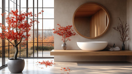 Natural wood framed round mirror, white ceramic vessel sink on a floating light wood shelf. Textured wall, vibrant red autumn leaves in a pot and vase, with some scattered on the floor.の素材