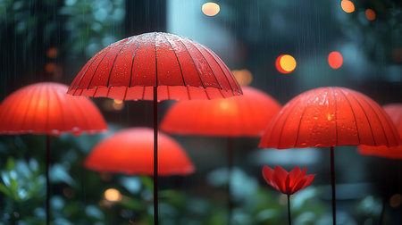 A cluster of red umbrellas, glistening with raindrops, create a vibrant scene under soft, diffused lighting, with a single red flower adding a touch of nature.の素材