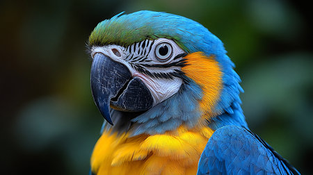 Close-up of a Blue-and-Yellow Macaw, showcasing its vibrant blue, yellow, and green plumage. Features a powerful black beak and intricate white facial feather patterns.の素材