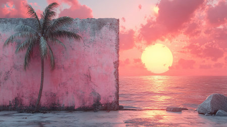 A textured, distressed pink concrete wall stands with a tall, green-fronded palm tree directly in front.の素材