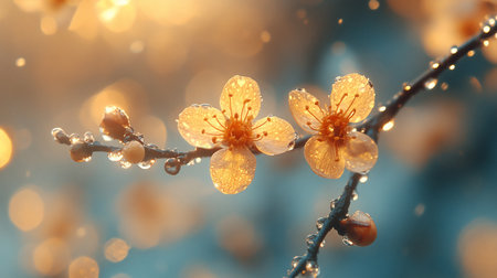 Delicate, translucent golden cherry blossoms with visible stamens, covered in sparkling dewdrops, are showcased on a dark, textured branch.の素材