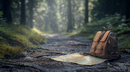 A vintage brown leather backpack with straps and buckles rests beside an unfolded topographical map and a small compass case.の素材