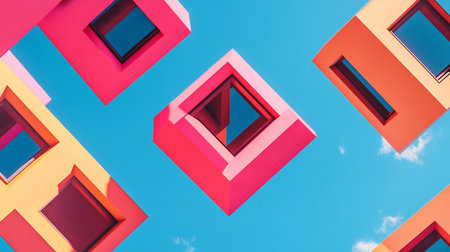 Colorful geometric shapes, including cubes with window-like openings, are set against a bright blue sky, creating an abstract architectural composition.の素材