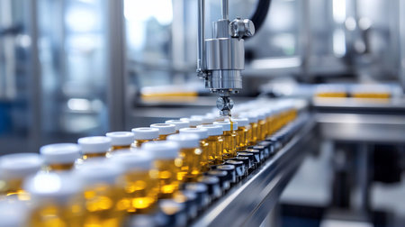 A close-up view of a pharmaceutical production line where a robotic arm precisely dispenses amber liquid into clear glass vials with white caps.の素材