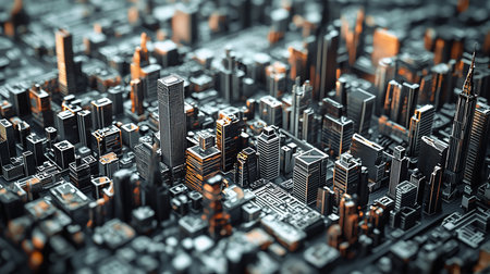 Intricate abstract cityscape featuring dark, reflective metallic structures and illuminated copper-toned circuit patterns, creating a technological urban grid.の素材