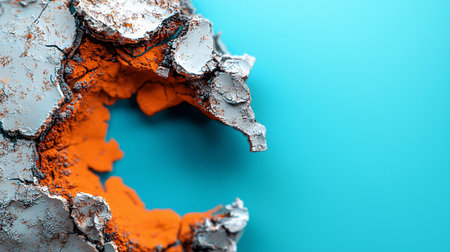 Rough, cracked grey outer layer peeling, revealing a vibrant orange, granular, and powdery textured interior with dark crevices.の素材