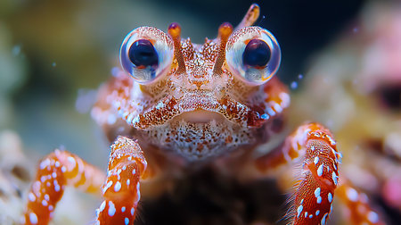 A detailed macro shot of a sea creature with large, reflective eyes. The creature has a textured, orange and white body, with spotted legs.の素材