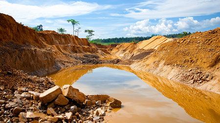 A large excavated pit filled with muddy water, reflecting the sky and surrounding earth walls. The walls are made of earth.の素材