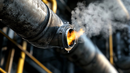 Close-up of a weathered metal pipe with a flanged connection, releasing steam and flames from its opening, showing signs of wear and oxidation.の素材
