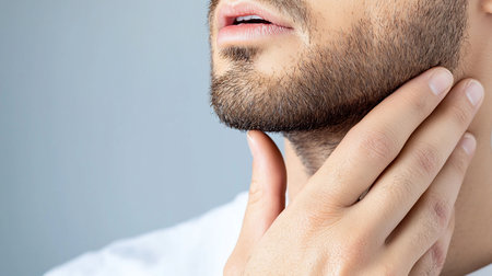 A man's hand gently touches his chin, highlighting his short, dark stubble beard and lips.の素材