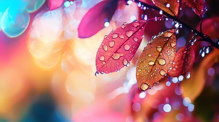Detailed view of two autumn leaves, one red and one orange, covered in glistening water droplets, showcasing intricate textures and vibrant colors.の素材