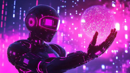 A sleek, dark cybernetic robot with neon pink accents holds a glowing sphere in its hand. The robot has a helmet and detailed armor.の素材