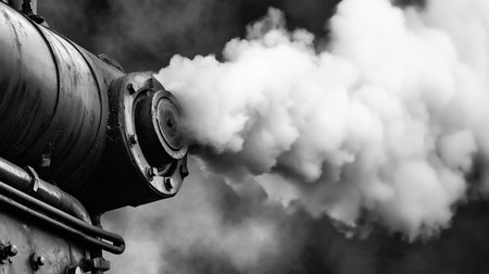Close-up of a steam engine component, emitting a large cloud of white smoke. The engine is metallic, with bolts and rivets visible.の素材