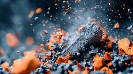 Image shows fragmented rocks in mid-air, with a mix of gray and orange hues, suggesting an explosion or impact. The texture is rough and detailed.の素材