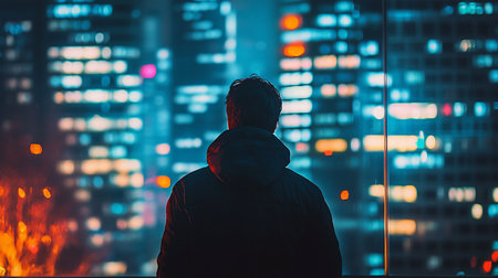 A person viewed from behind, wearing a dark, hooded winter jacket. The figure is a dark silhouette, with subtle red and blue rim lighting defining the shoulders and head.の素材
