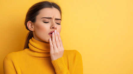 Woman with closed eyes, hand covering mouth, wearing a yellow turtleneck sweater, expressing discomfort or pain.の素材
