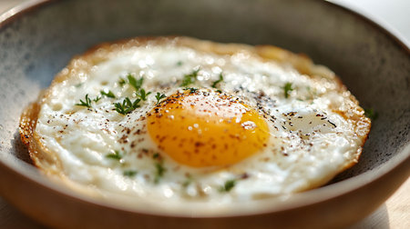 A close-up of a fried egg with a vibrant yellow yolk, white cooked egg white, and garnished with herbs and black pepper.の素材