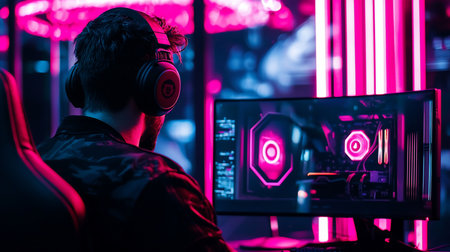 Rear view of a person wearing black over-ear headphones, focused on a computer monitor displaying a glowing pink-lit gaming PC interior.の素材
